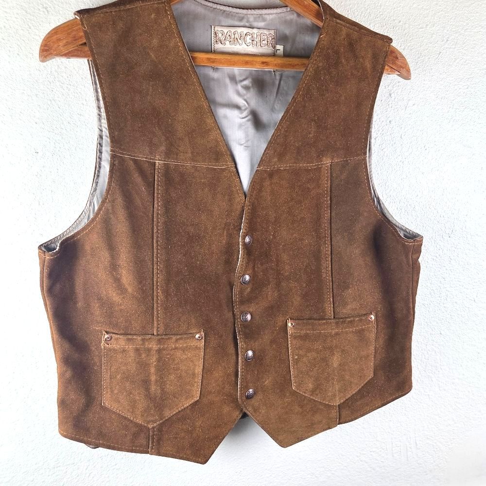 Rancher By Schott Vintage Brown Leather Suede Western Snap Men Vest Size Large - Picture 2 of 16